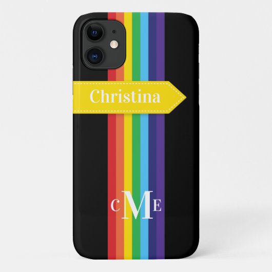 iPhone 11 Hoesje | Regenboogstrips met monogram (Achterkant)