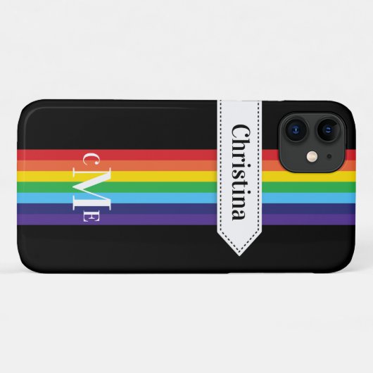 iPhone 11 Hoesje | Regenboogstrips met monogram (Achterkant (horizontaal))