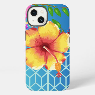 iPhone 13 Hoesje, Blauwe achtergrond Gouden bloem. Hoesje