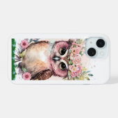 iPhone 15 Hoesje met Schattigee Uil & Flowers (Achterkant horizontaal)