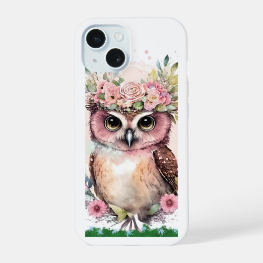 iPhone 15 Hoesje met Schattigee Uil & Flowers (Achterkant)