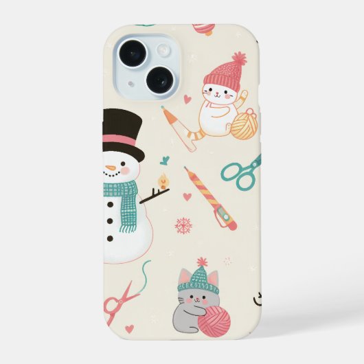 iPhone 15 Hoezen-Sneeuwman kat Case (Achterkant)