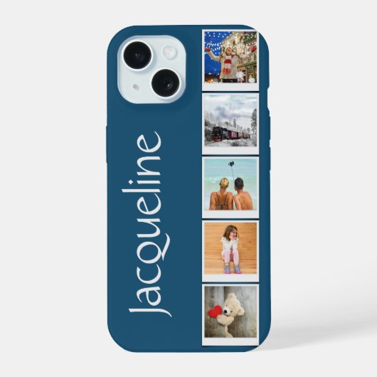 iPhone 15 Monogrammed 5 foto collage Blauw Case (Achterkant)