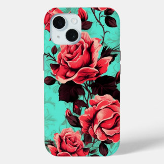 iPhone 15 Telefoonhoesje W / Red Rose Floral Desig Case