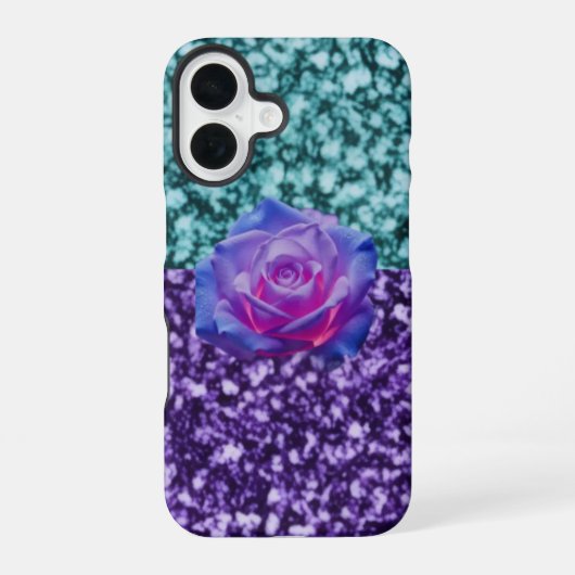 Iphone 16 Gliter telefoonhoesje met een roos. Hoesje (Achterkant)