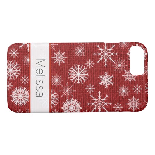 iPhone 7 Hoesje | FAUX Burlap, Snowflakes - Rood (Achterkant (Horizontaal))