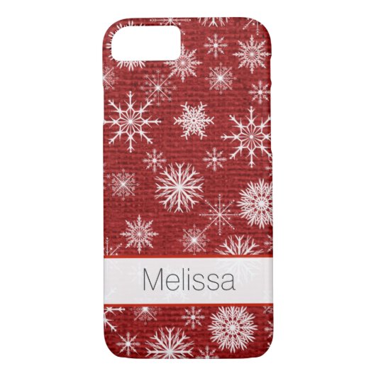 iPhone 7 Hoesje | FAUX Burlap, Snowflakes - Rood (Achterkant)