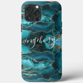 iPhone Case - Marble Blue Blauwgroen Gold Veins (Achterkant)