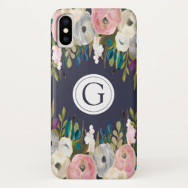 Iphone X Floral Navy Personalized Initiaal Hoesje