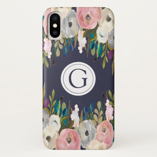 Iphone X Floral Navy Personalized Initiaal Hoesje (Achterkant)