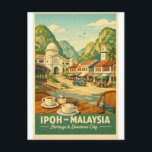 Ipoh City, Malaysia retro travel Briefkaart<br><div class="desc">Travel poster featuring Ipoh City, Malaysia, in a charming retro travel-poster style. Central scene showing limestone karst hills surrounding Ipoh, colonial-era buildings, traditional shophouses, and a calm street café atmosphere. Include subtle details like white coffee cups, old railway architecture, and tropical greenery. Warm nostalgic color palette: cream, teal, muted green,...</div>