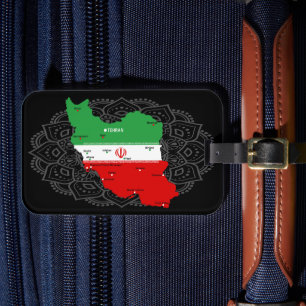 Iran kaart met vlag en embleem bagagelabel