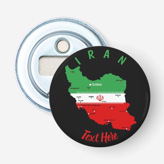Iran kaart met vlag en embleem button flesopener (Voorkant)