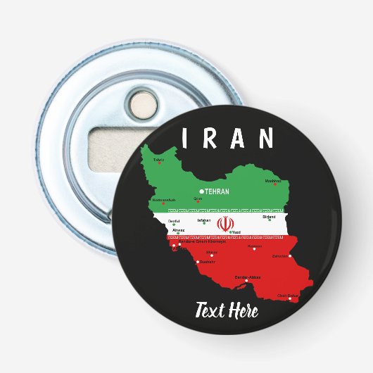 Iran kaart met vlag en embleem button flesopener (Voorkant)