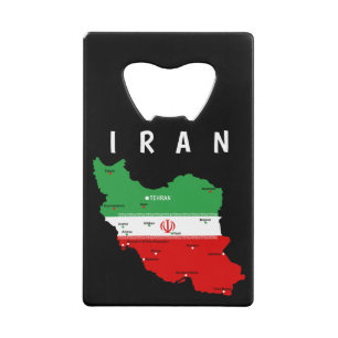Iran kaart met vlag en embleem creditkaart flessenopener