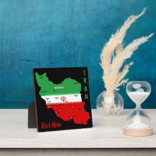 Iran kaart met vlag en embleem fotoplaat