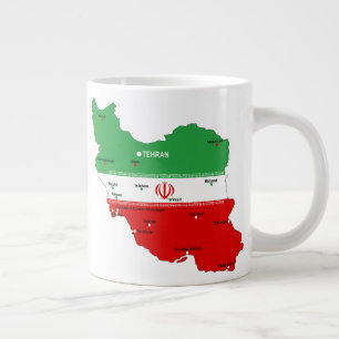 Iran kaart met vlag en embleem grote koffiekop