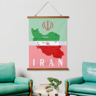 Iran kaart met vlag en embleem hangend wandkleed