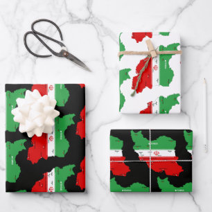Iran kaart met vlag en embleem inpakpapier vel