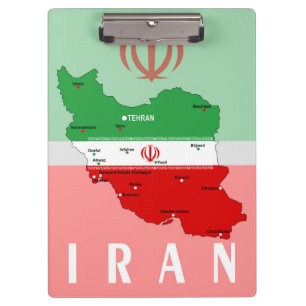 Iran kaart met vlag en embleem klembord