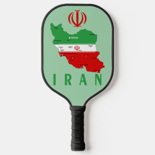 Iran kaart met vlag en embleem pickleball paddle