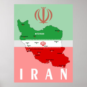 Iran kaart met vlag en embleem poster
