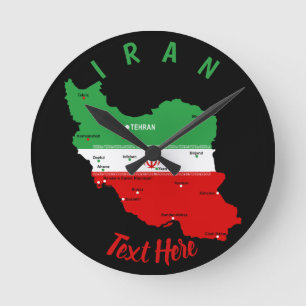 Iran kaart met vlag en embleem ronde klok