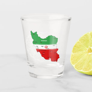 Iran kaart met vlag en embleem shot glas