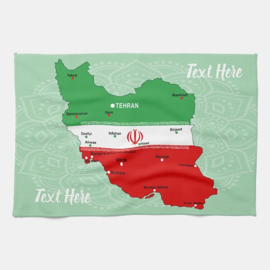 Iran kaart met vlag en embleem theedoek (Horizontaal)