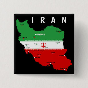Iran Kaart met Vlag en Embleem Vierkante Button 5,1 Cm