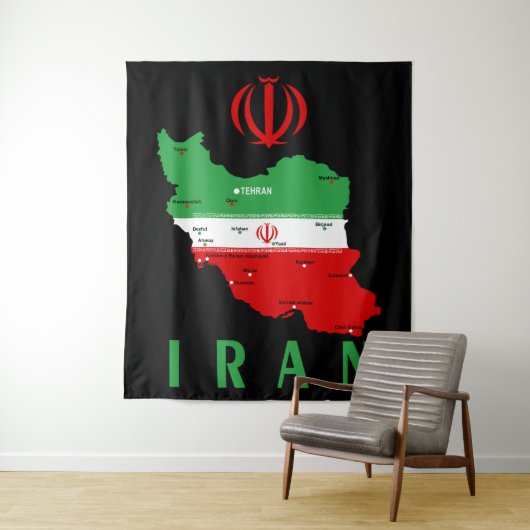 Iran Map with Flag and Emblem Wandkleed (In situ)