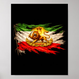 Iran Vlag Met Leeuw En Zon Embleem, Vintage Perzië Poster