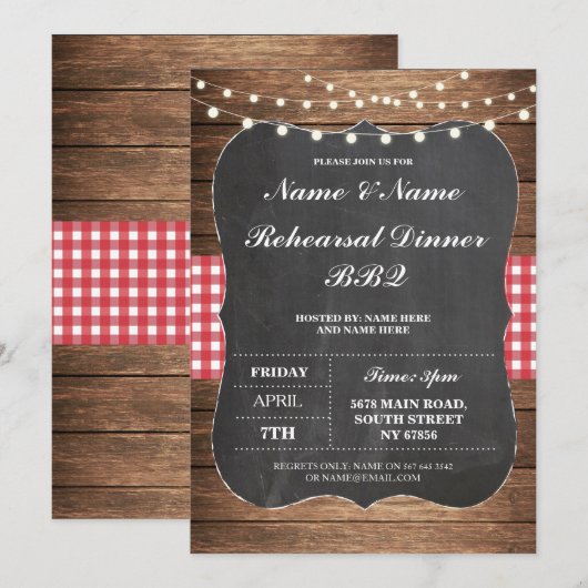 IRehearsal Dinner BBQ Red Check Chalk Uitnodiging (Voorkant / Achterkant)