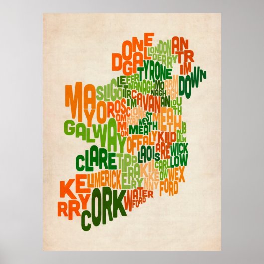 Ireland Eire County Text Map Poster (Voorkant)