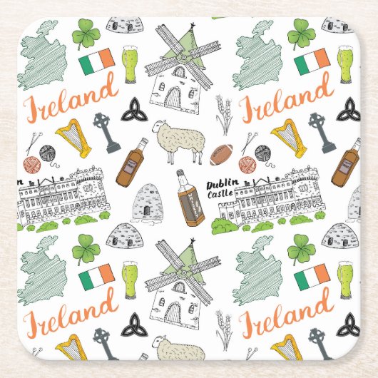 Ireland Sketch Doodle Pattern Kartonnen Onderzetters (Voorkant)