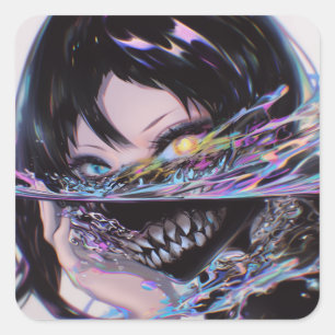 Iridescent Anime Horror: Liquid Smile Monster Vierkante Sticker