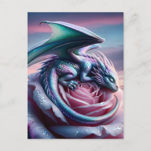 Iridescent Baby Dragon Asleep on Pink Rose Briefkaart