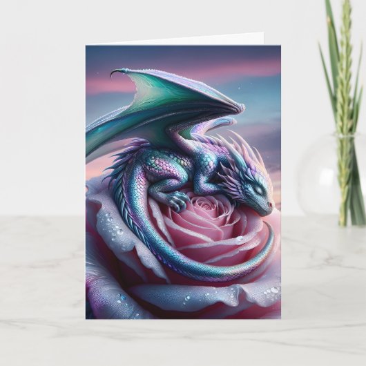Iridescent Baby Dragon Asleep on Pink Rose Kaart (Voorkant)