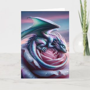 Iridescent Baby Dragon Asleep on Pink Rose Kaart