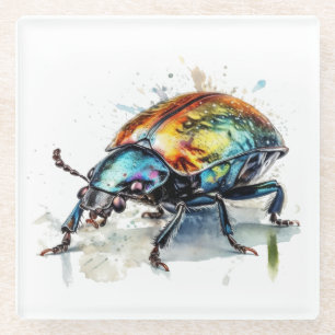 Iridescent Beetle in Waterverf Glazen Onderzetter