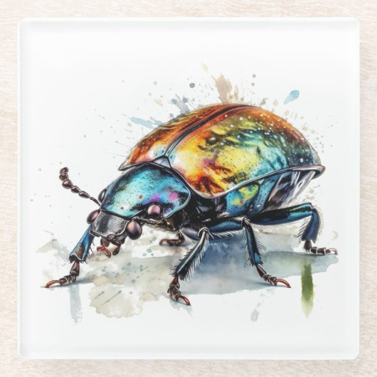 Iridescent Beetle in Waterverf Glazen Onderzetter (Voorkant)