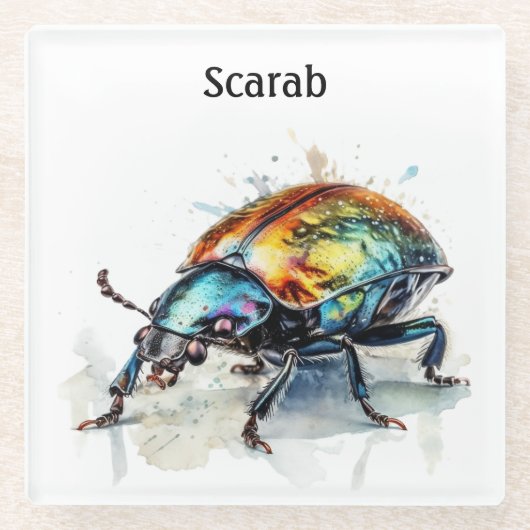 Iridescent Beetle in Waterverf, op maat Glazen Onderzetter (Voorkant)