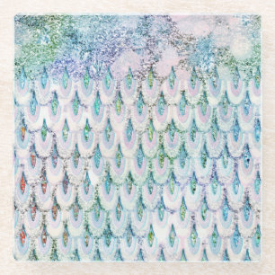 Iridescent blauwgroen Glitter Mermaid Fish Scales Glazen Onderzetter