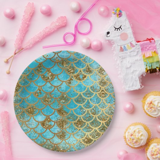 Iridescent Blauwgroen Gold Glitter Mermaid Fish Sc Papieren Bordje (Feest)