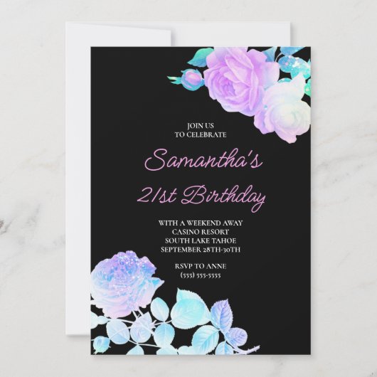 Iridescent Bloemen Zwart en Roze 21ste Verjaardag Kaart (Voorkant)