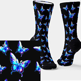 Iridescent Blue Butterflies op Black Sokken