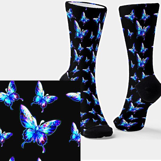 Iridescent Blue Butterflies op Black Sokken