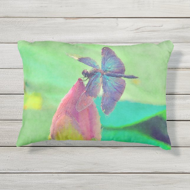 Iridescent Blue Dragonfly op roze waterlily Buitenkussen (Achterkant)