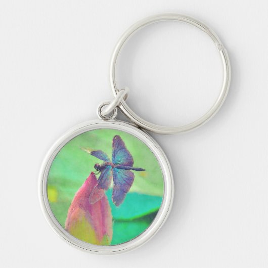 Iridescent Blue Dragonfly op waterlily Sleutelhanger (Voorkant)