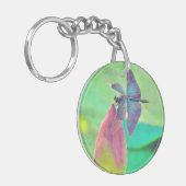 Iridescent Blue Dragonfly op waterlily Sleutelhanger (Voorkant Links)